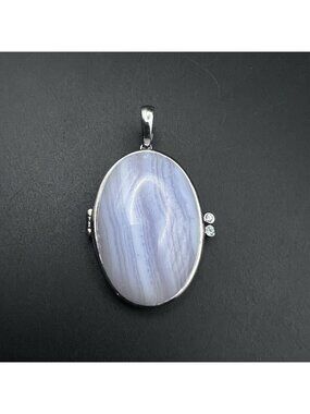 Vintage Sterling Silver Blue Lace Agate Oval Locket Pendant 925 1.5" 11g